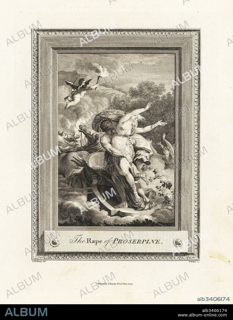 The rape of Proserpine by the god of the underworld. Copperplate engraving by W. Walker after an illustration by J. M. Moreau from The Copper Plate Magazine or Monthly Treasure, G. Kearsley, London, 1778.