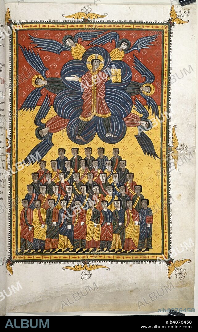 PETRUS, BEATUS OF LIÃ©BANA and DOMINICUS. Christ appears in the clouds. Silos Apocalypse. Spain (Silos), 1109. (Whole folio] Book of Revelation, chapter 1, 7-10. Christ stands on a cloud, holding a book, and surrounded by six angels. Below, five rows of figures represent the witnesses of the Coming of Christ  Image taken from Silos Apocalypse.  Originally published/produced in Spain (Silos), 1109. . Source: Add. 11695, f.21. Language: Latin.