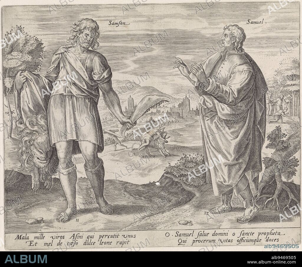 The judges Samson and Samuel. Samson holds the skin of a lion in one hand and the jawbone of a donkey in the other. In the background in the landscape, Samson can be seen killing a lion with his bare hands and carrying the gates of Gaza above his head. Next to him is the prophet Samuel. In the background, Samuel anoints Saul as king. Below the scene are explanatory texts in Latin. Samson and Samuel The twelve judges of Israel Thesaurus sacrarum historiarum veteris testamenti , print maker: Hans Collaert (I), (attributed to), Jan Snellinck (I), publisher: Gerard de Jode, Antwerp, 1579 and/or 1585, paper, engraving, h 214 mm × w 261 mm.
