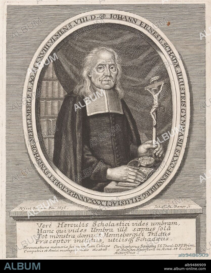 Portrait of Johann Ernst Schadaeus, Johann Alexander Böner, after Nicolaus Schauer, 1696 - 1720, print maker: Johann Alexander Böner, (mentioned on object), after: Nicolaus Schauer, (mentioned on object), Christoph Sonntag, (mentioned on object), print maker: Neurenberg, Altdorf, 1696 - 1720, paper, engraving, h 207 mm - w 167 mm.