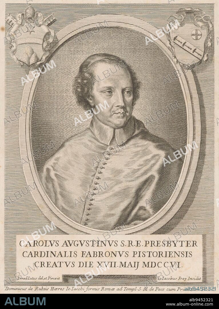 Portrait of Carlo Agostino Fabroni Portraits of cardinals Effigies cardinalium nunc viventium , print maker: Jacob Frey (I), (mentioned on object), after: Benedetto Luti, (mentioned on object), intermediary draughtsman: Benedetto Luti, (mentioned on object), 1706 - 1707, paper, engraving, h 210 mm - w 159 mm.