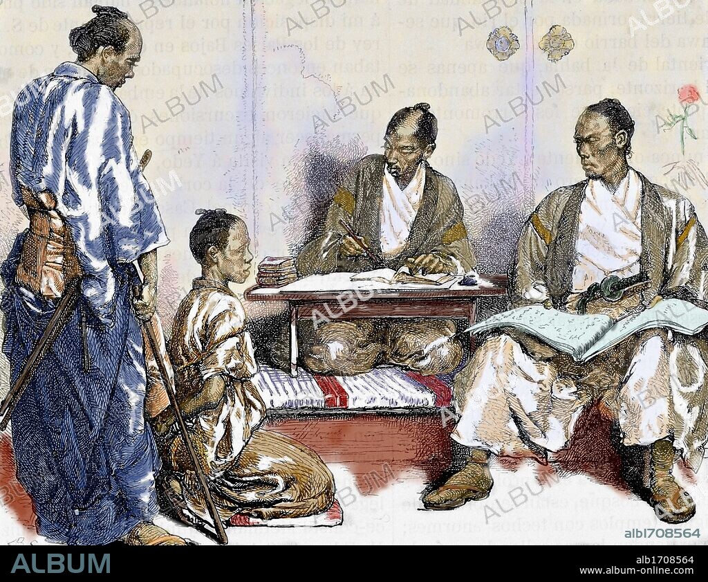 HISTORIA DEL JAPON (siglo XIX). JUEZ INSTRUCTOR. Dibujo realizado por Neuville. Grabado coloreado.