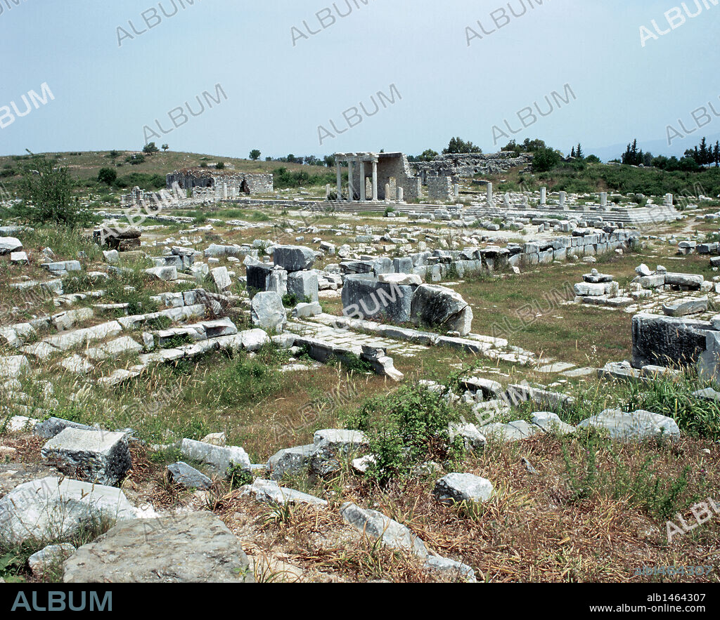ARTE GRIEGO. ASIA MENOR. MILETO. Vista de los restos del BOULEUTERION, antigua sede del Senado, construído entre el 175 y el 164 aC por Timarco y Heracleido. Al fondo, restos de una de las AGORAS. Turquía.