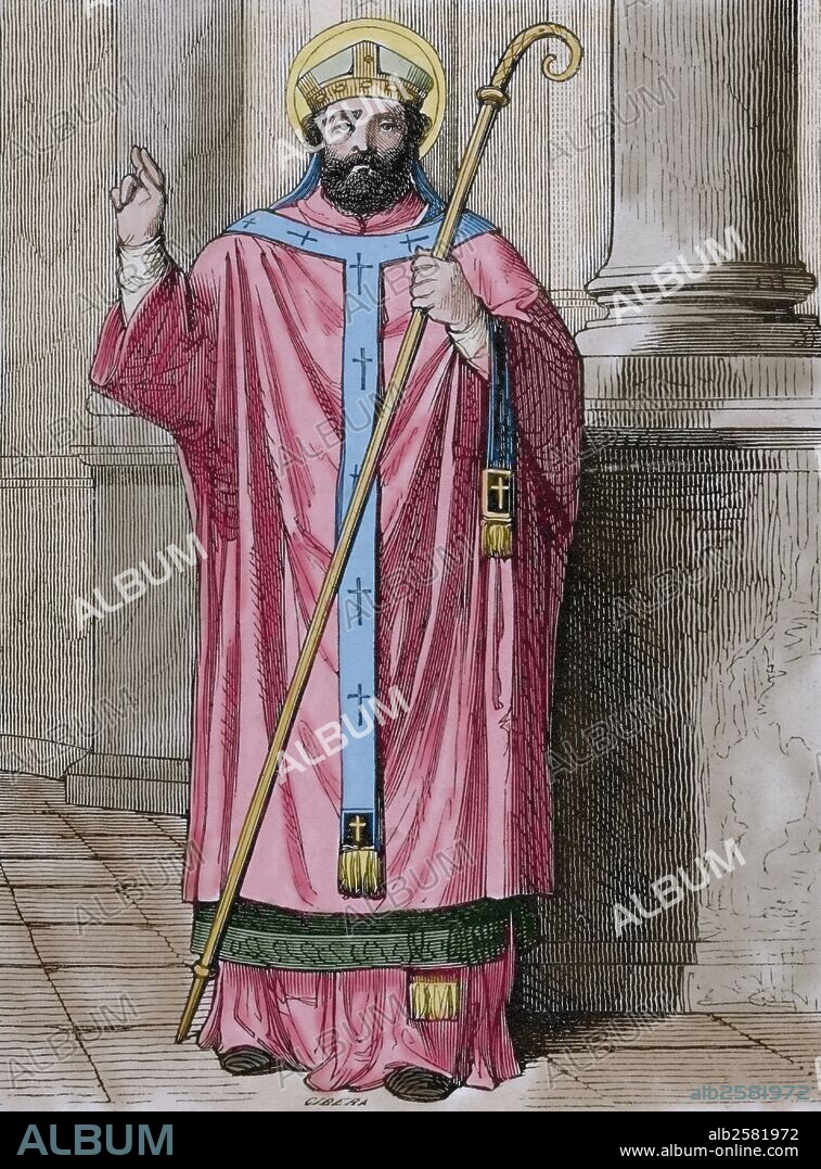San Máximo el Confesor (también conocido como Máximo el Teólogo y Máximo de Constantinopla) (c. 580-662). Monje, teólogo y erudito cristiano, considerado padre de la Iglesia. Grabado por Cibera. "Año Cristiano", 1852. Coloreado.