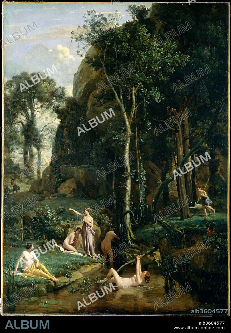 Diana and Actaeon (Diana Surprised in Her Bath). Artist: Camille Corot (French, Paris 1796-1875 Paris). Dimensions: 61 5/8 x 44 3/8 in. (156.5 x 112.7 cm). Date: 1836.
From its imposing size to its refined execution, this painting is elegant testimony to Corot's ingenuity: the landscape appears surprisingly natural, yet it is painstakingly composed. The narrative, from Ovid's Metamorphoses, recounts the fate of a young hunter Actaeon as he encounters the naked figure of the goddess Diana and her nymphs enjoying a woodland bath. Diana, in a fit of embarrassed fury, splashes water on the unwitting hunter, transforming him into a deer. 
There is a marked difference between the general tight handling of paint and tonal contrasts, and the background on the left, which is sketchy and silvery in tone, typical of Corot's late style. A year before the artist died, he was asked to repaint this passage as a courtesy to the picture's new owner.