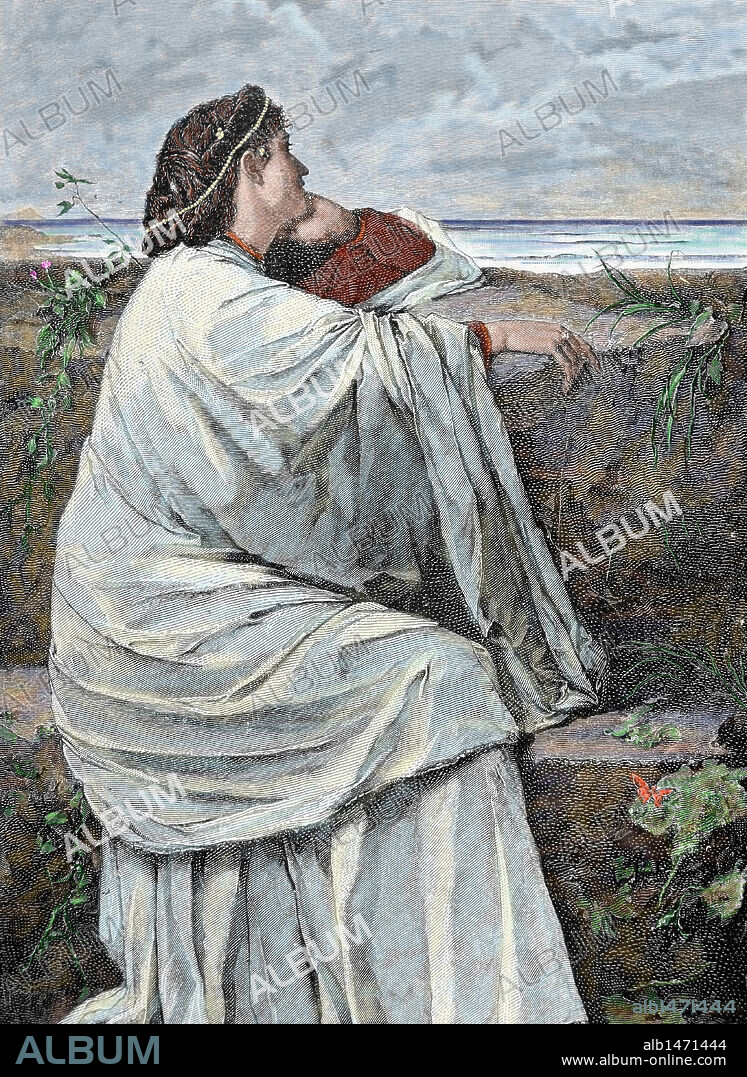 ANSELM FEUERBACH. IFIGENIA. Hija de Agamenón y Clitemnestra y hermana de Electra y Orestes; se la conoce también con el nombre de Ifianasa. "IFIGENIA EN LA TAURIDE". Grabado por A. Closs. Coloreado coloreado.