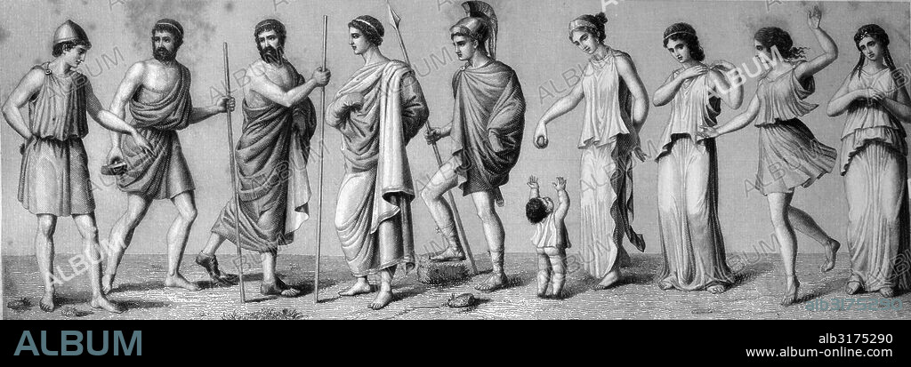 Greek costumes: from left, 1. chiton 2. exomis 3./4. himation 5. chlamys 6. children's dress 7./8. women's chiton 9. doric chiton 10. double chiton, historical illustration.