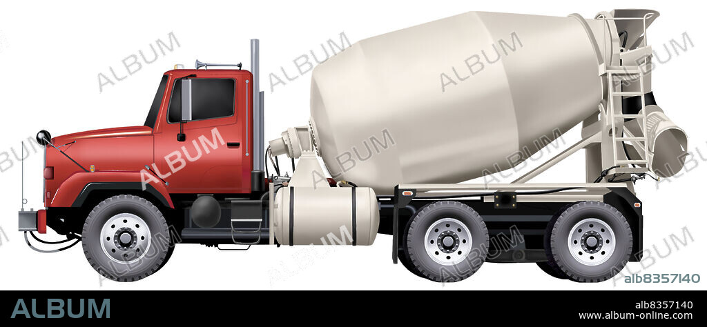 Truck equipped with a rotating tub, for transporting fresh cement, which it pours out down a chute.