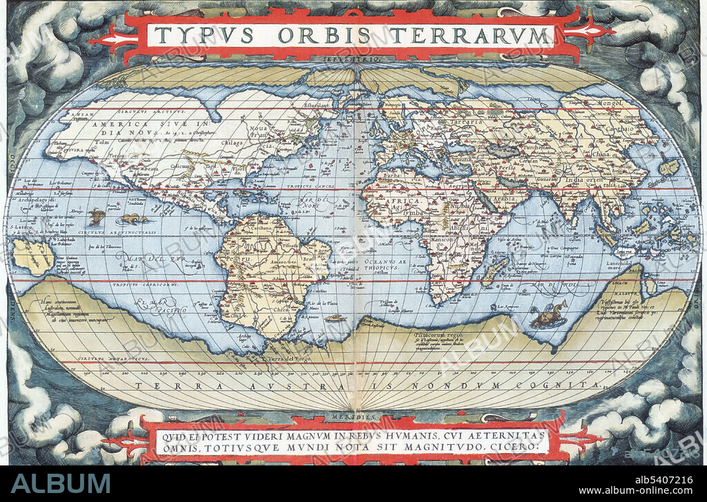 Orbis Terrarum. Die erde. The World. Theatrum Orbis Terrarum (Theatre of the World) is considered to be the first true modern atlas. Written by Abraham Ortelius and originally printed on May 20, 1570, in Antwerp, it consisted of a collection of uniform map sheets and sustaining text bound to form a book for which copper printing plates were specifically engraved. The Ortelius atlas is sometimes referred to as the summary of 16th cartography and the first time that the entirety of Western European knowledge of the world was brought together in one book. Most of the maps were admittedly reproductions, and many discrepancies of delineation or nomenclature occur. From its original 70 maps and 87 bibliographic references in the first edition (1570), the atlas grew through its 31 editions to encompass 183 references and 167 maps in 1612.