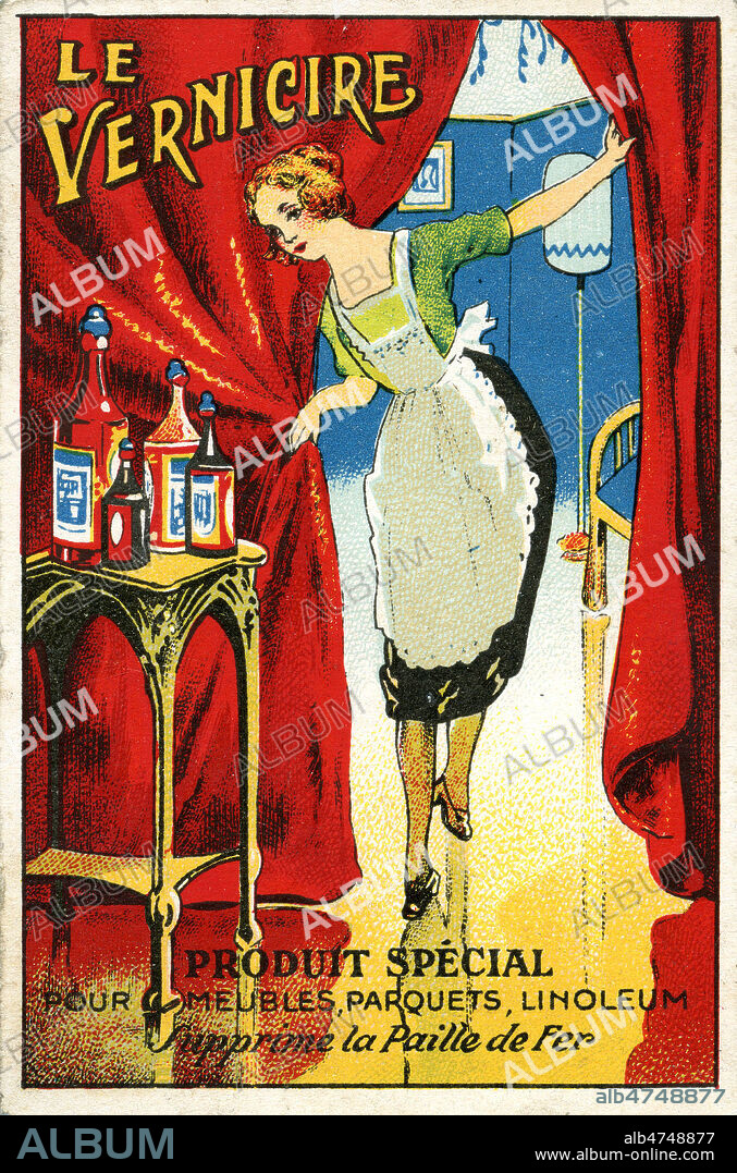 Domestique marchant sur un parquet impeccable. Publicite pour le VERNICIRE, produit d'entretien pour parquets, vers 1910. Illustration anonyme. Credit : Collection KHARBINE-TAPABOR.