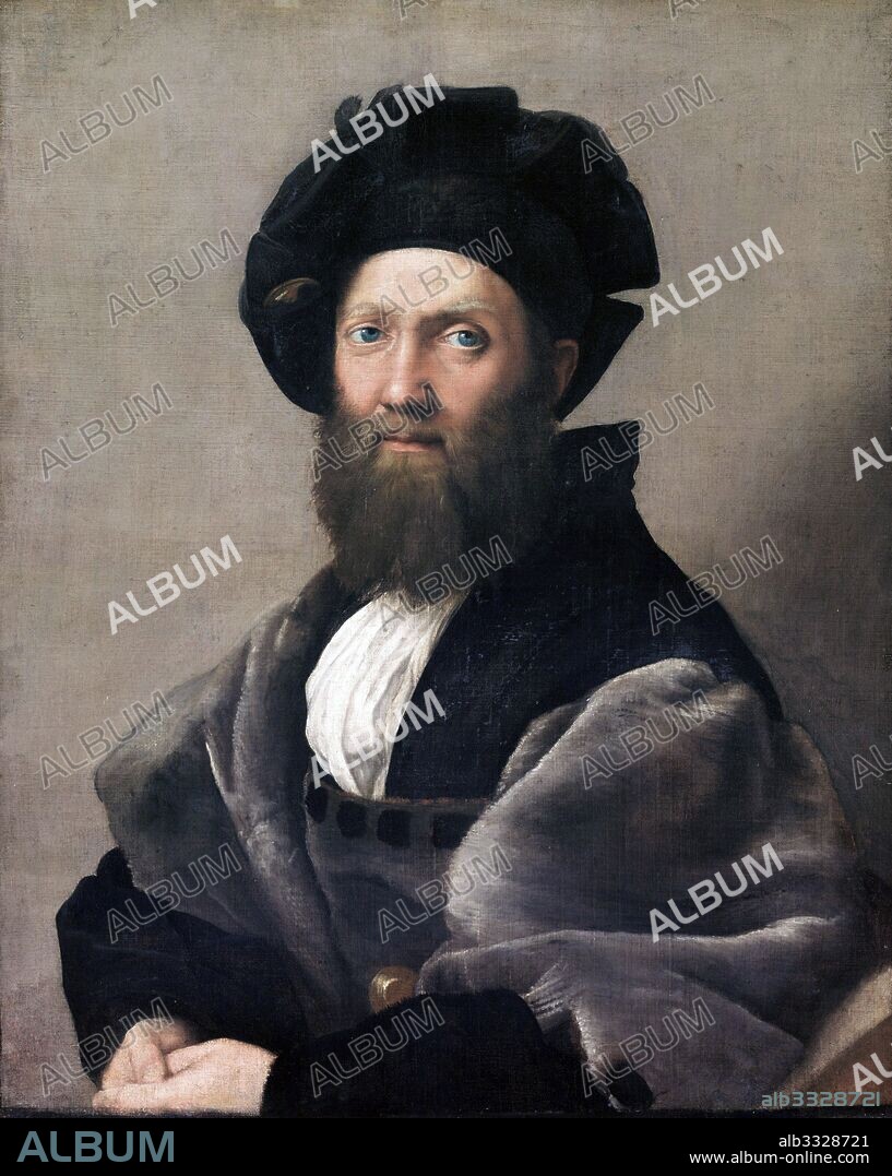 Portrait of Baldassare Castiglione. 1515; Oil painting on canvas, by the Italian High Renaissance artist (Raphael), Raffaello Sanzio da Urbino (1483-1520). Portrait of Baldassare Castiglione is regarded as one of the great portraits of the Renaissance, It depicts Raphael's friend, the diplomat and humanist Baldassare Castiglione, who is considered a quintessential example of the High Renaissance gentleman.