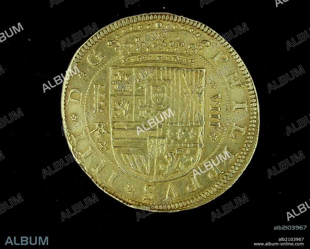 NUMISMATICA. MONEDA MODERNA. OCHO ESCUDOS DE ORO, DE FELIPE IV. ANVERSO. ESCUDO CORONADO CON LAS ARMAS DE CASTILLA, LEON, GRANADA, ARAGON, NAPOLES Y SICILIA. (DEPOSITO: MUSEO ARQUEOLOGICO NACIONAL).
