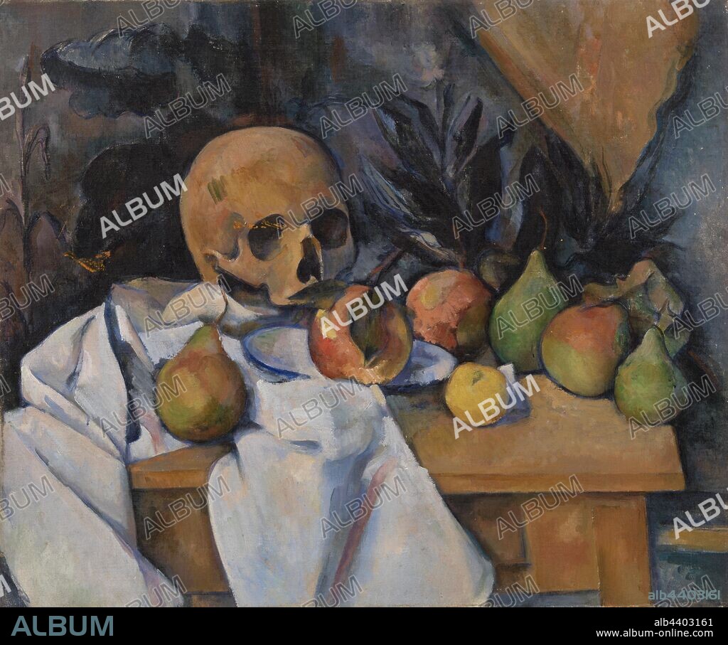 Paul Cézanne: Still Life with Skull (Nature morte au crâne), Paul Cézanne, 1896–1898, Oil on canvas, Skulls appear frequently in the European still life tradition, serving as reminders of the fleetingness of life. Cézanne tended to avoid such props, however, favoring more ordinary household items like napkins, fruit, and ceramic vessels. It wasn't until the last decade of his career that Cézanne began to represent skulls with some regularity--perhaps reflecting a preoccupation with his own mortality. The smudges of orange paint across the eye socket are probably the result of this canvas leaning against another in his Aix-en-Provence studio., Overall: 21 3/8 x 25 3/4 in. (54.3 x 65.4 cm).