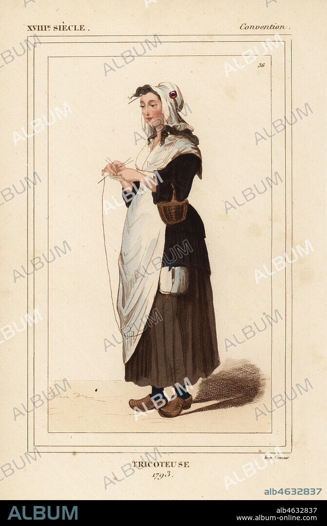 Tricoteuse, 1793, market women who knitted while attending public executions during the French revolution. Handcoloured lithograph from Le Bibliophile Jacob aka Paul Lacroix's Costumes Historiques de la France (Historical Costumes of France), Administration de Librairie, Paris, 1852.