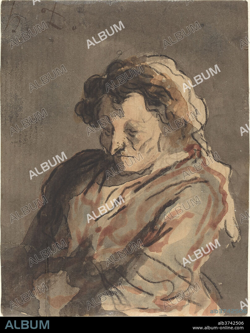 HONORE DAUMIER. Old Woman Seated. Dimensions: overall: 10.3 x 8.1 cm (4 1/16 x 3 3/16 in.). Medium: watercolor and black crayon on laid paper.