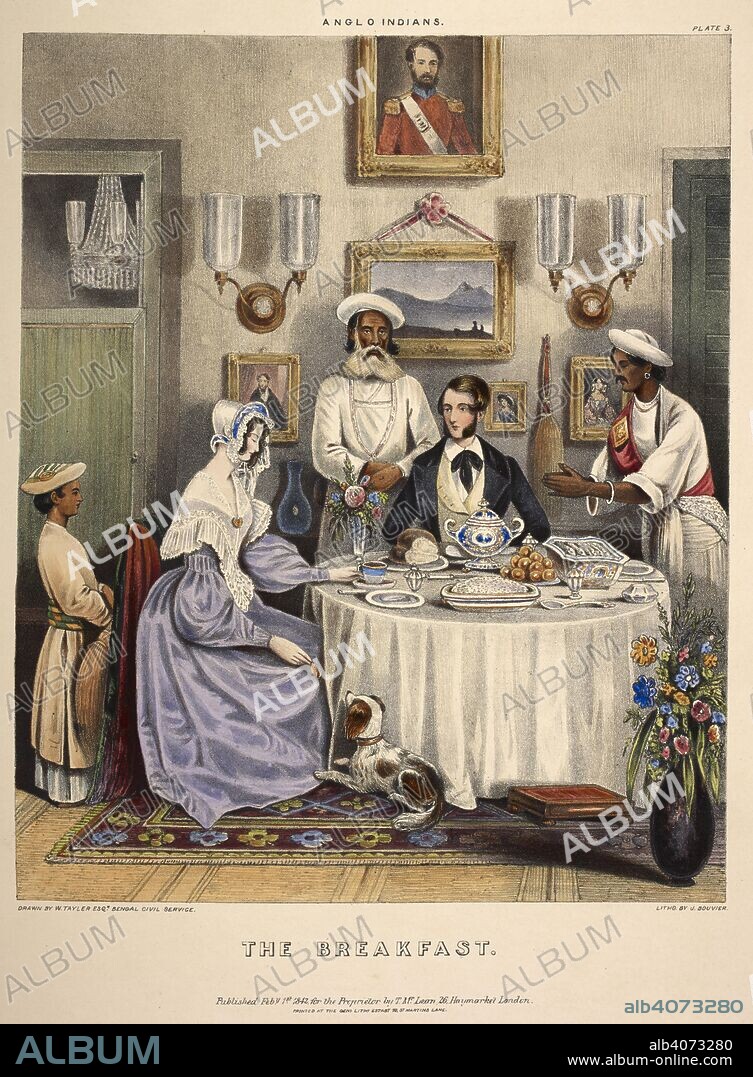 WILLIAM TAYLER. The Breakfast. A young married couple (an East India Company civil servant and his wife) breakfasting on fried fish, rice and Sylhet oranges, with servants in attendance. Lithograph by J. Bouvier. Sketches illustrating the manner and customs of the Indians and the Anglo-Indians. London, Thomas McLean, 1842. Source: X 42, plate 3. Language: English.