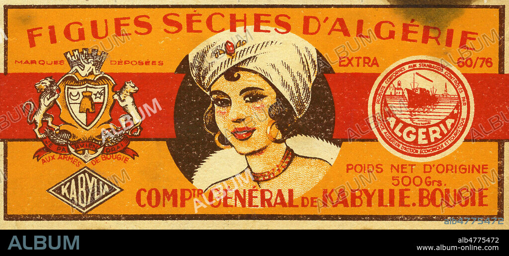 Figues seches d'Algerie. Comptoir general de Kabylie'. Etiquette