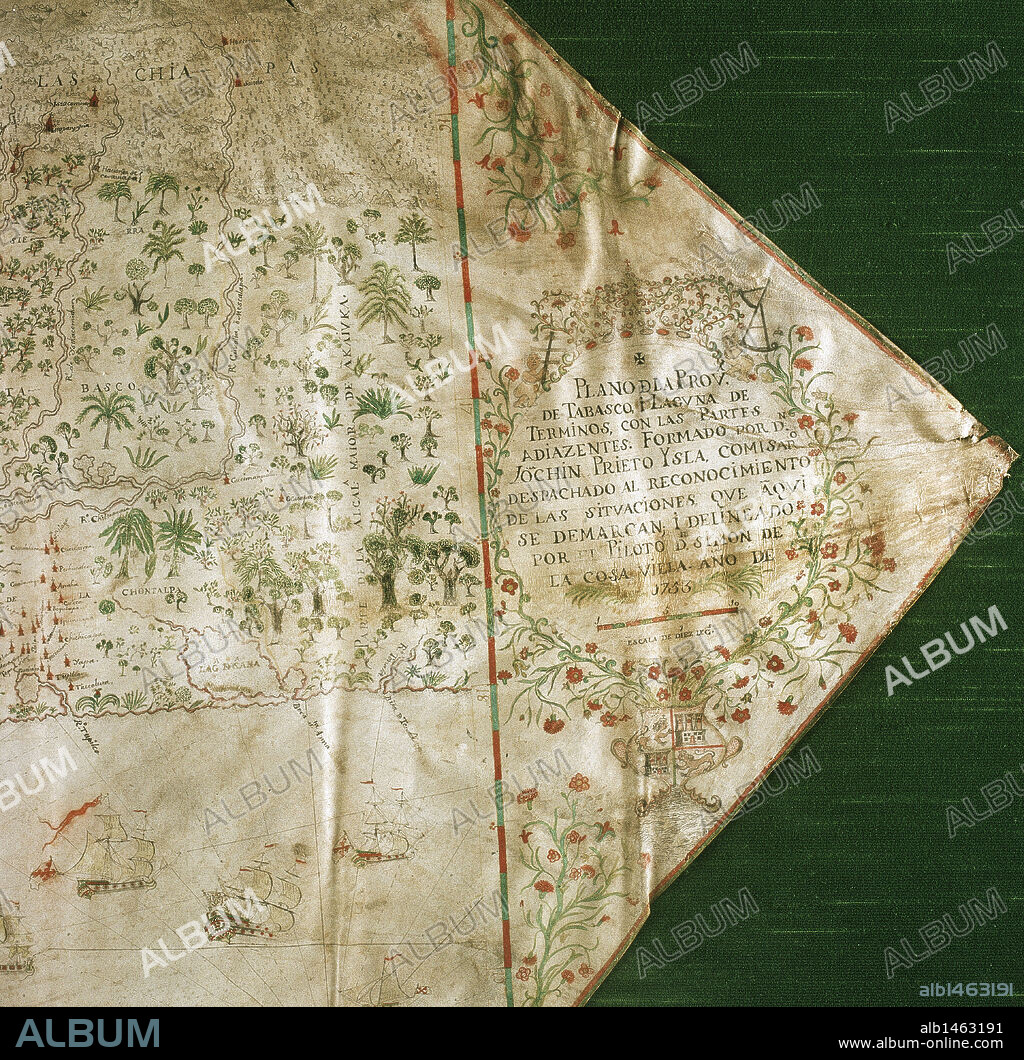 CARTA MARINA en pergamino de la Costa de Méjico. Fechada en 1755 y realizada por SIMON DE LA COSA VILLA. Museo Marítimo del Cantábrico. Santander. Cantabria. España.