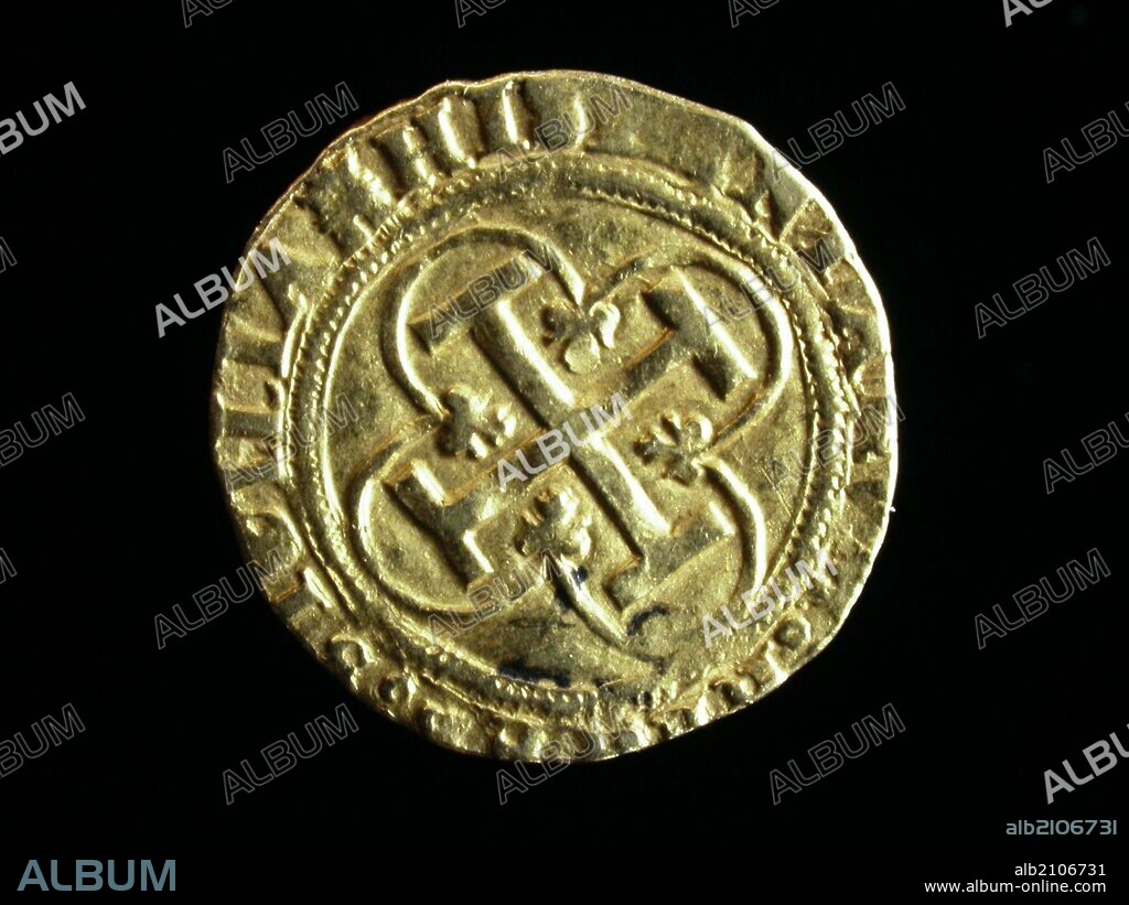NUMISMATICA. MONEDA MEDIEVAL CRISTIANA. UN ESCUDO DE ORO, DE CARLOS Y JUANA DE CASTILLA. REVERSO. CRUZ DE JERUSALEN EN MEDIO DE CUATRO SEMICIRCULOS. 1516. (DEPOSITO: MUSEO ARQUEOLOGICO NACIONAL).