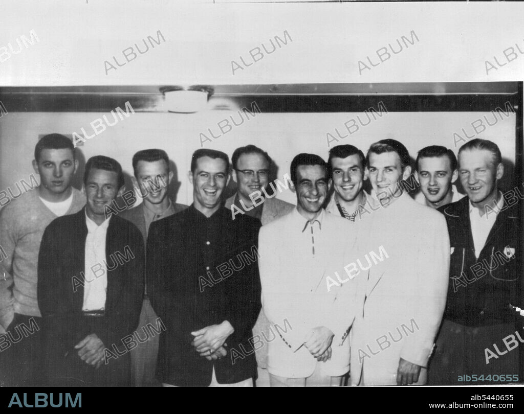 Stock Car Drivers Arrive : The Queen Elizabeth brought to England on Tuesday ten American drivers who have come over to take part in the new Stock Car Racing sport which is sweeping the country. Pictured on arrival at Southampton are (left to right) Laurian Willert, Lamonte Bergquist, Jack Freiberg, Jim Williams, Roy Danback, Al Gross, Fred Fuerst, Chuck Beeler, Jim Canton and Tex Densmore. April 27, 1955. (Photo by Evening Standard Picture).