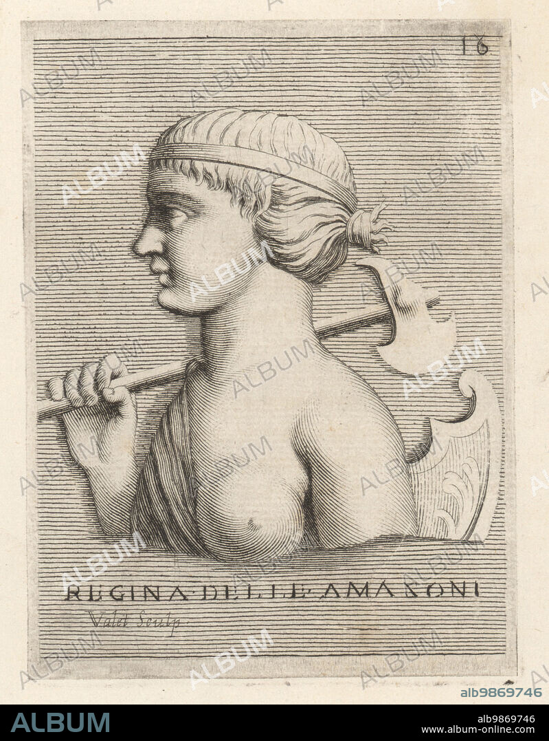 Portrait of Penthesilea, Queen of the Amazons, with royal diadem, left breast exposed, holding an axe and shield. Sister of Hippolyta, Antiope and Melanippe, of the female warrior tribe. From an ancient glass paste fragment. Regina delle Amazoni. Copperplate engraving by Guillaume Vallet after Giovanni Angelo Canini from Iconografia, cioe disegni d'imagini de famosissimi monarchi, regi, filososi, poeti ed oratori dell' Antichita, Drawings of images of famous monarchs, kings, philosophers, poets and orators of Antiquity, Ignatio deLazari, Rome, 1699.