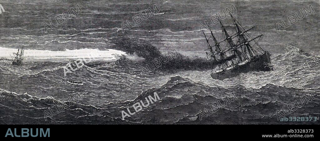 Illustration depicting the 'SS Germanic' picking up members of the crew of the stricken ship. Dated 19th Century.