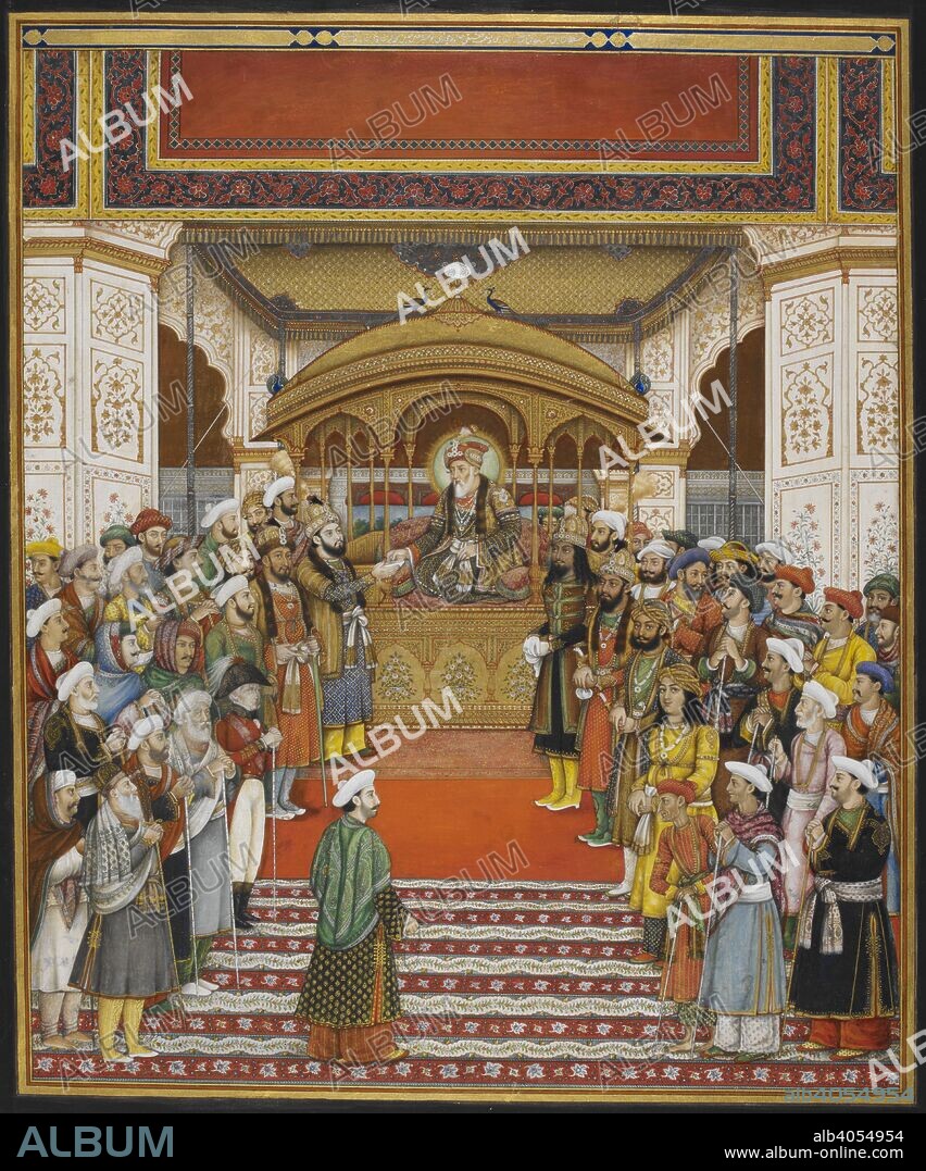 ANON. Durbar at Delhi of Akbar II (1759-1837, ruled 1806-1837). The Emperor is shown seated on his throne in the Diwan-i Khas of the Palace at Delhi. Near him stand the Princes of the Blood Royal; on his left Mirza Jahangir Bahadur, Mirza Babar Sahib, Mirza Hussain Bahadur and Mirza KaiQubad, on his right Mirza Salim Bahadur and Mirza Abu Zafar. Nearby is the British Resident at Delhi, Sir David Ochterlony ('Kharnal Akhtarluni Sahib') and the nobles of the court stand around on both sides of the throne. Delhi, c.1820. Water-colour; 19 by 16 ins. Source: Add.Or.3079.