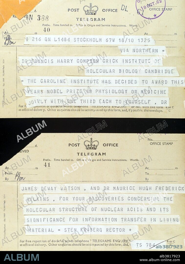 Two part Post Office Telegram (October 18, 1962) to Francis Crick from Sten Friberg, Rector, Karolinska Institutet, Stockholm, informing him of the award of the Nobel Prize (1962) in Physiology or Medicine to himself, James Watson and Maurice Wilkins for "discoveries concerning the molecular structure of nuclear (sic) acids and its significance for information transfer in living material.".