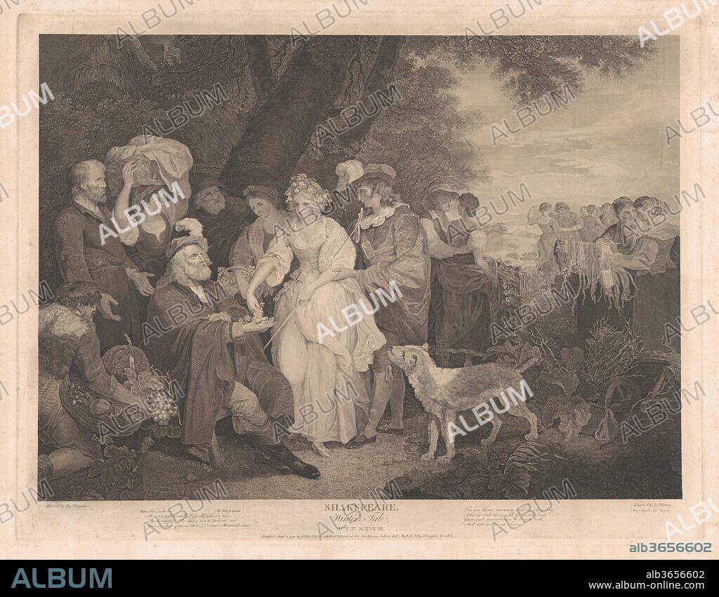 Florizel, Perdita, etc. in the Shepherd's Cot (Shakespeare, Winter's Tale, Act 4, Scene 3). Artist: After Francis Wheatley (British, London 1747-1801 London). Dimensions: Plate: 19 × 25 3/16 in. (48.2 × 64 cm)
Sheet: 20 5/8 × 26 5/8 in. (52.4 × 67.7 cm). Engraver: James Fittler (British, London 1758-1835 Middlesex). Publisher: John & Josiah Boydell (British, 1786-1804). Series/Portfolio: Boydell's Shakespeare Gallery. Subject: William Shakespeare (British, Stratford-upon-Avon 1564-1616 Stratford-upon-Avon). Date: 1792.