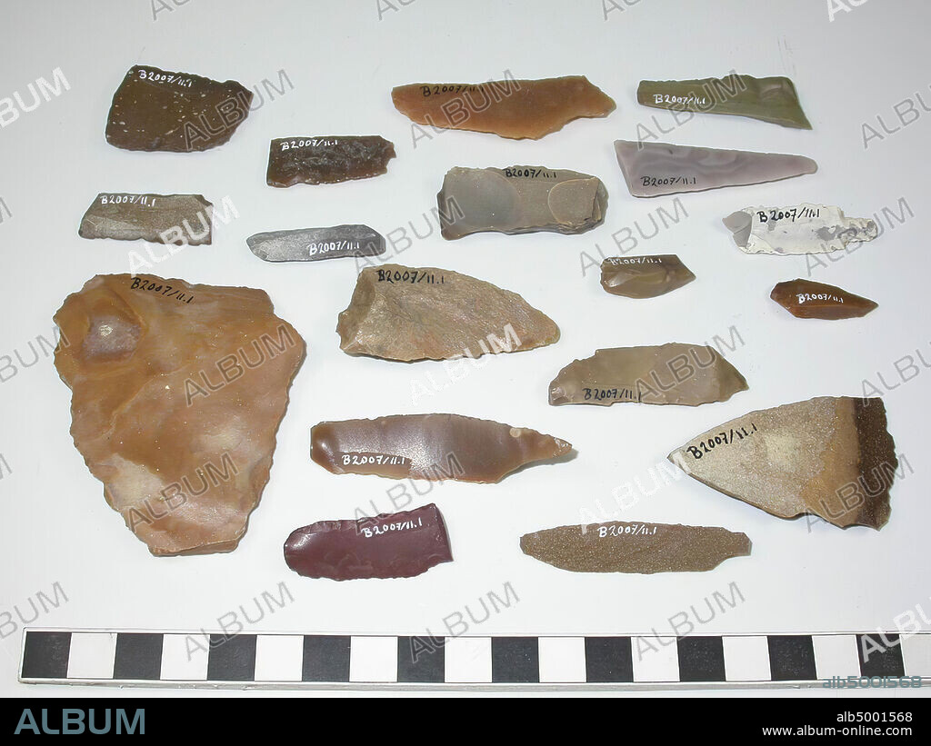 18 flint tools. Consists of 2 tabular scrapers, 3 end scrapers, 4 blades, 2 plugs, 3 spiers, 2 spear points and 2 other flint objects., Stone tool, stone, flint, largest: L 7.2 cm, W 5.9 cm, smallest: L 2.4 cm , B 1 cm., Saudi Arabia.