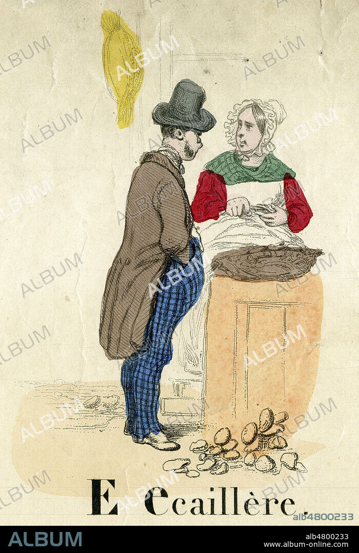 'E = ecaillere'. Detail d'un abecedaire, alphabet des metiers. Imagerie populaire mi 19eme siecle. Illustration anonyme pour une gravure. Credit : Collection IM/KHARBINE-TAPABOR.