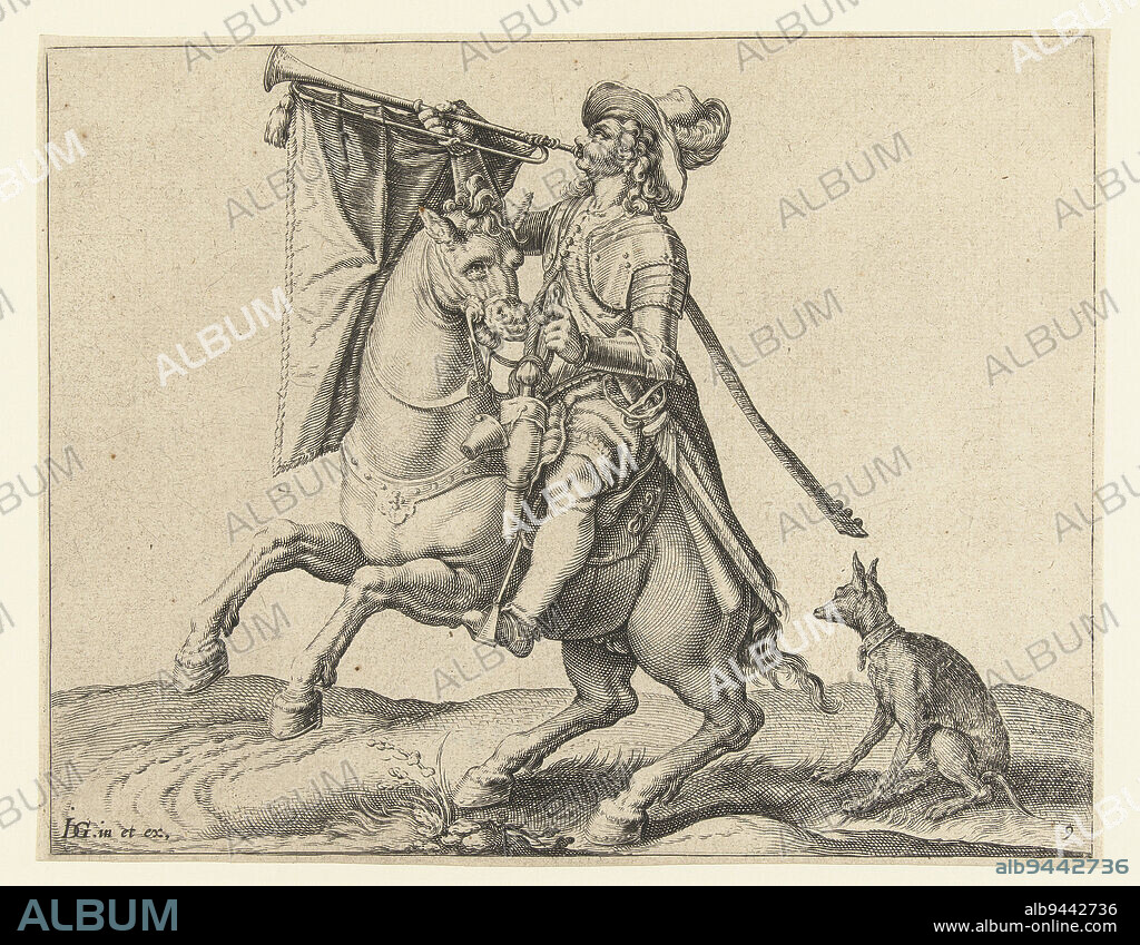 A harnessed man on horseback, riding to the left, with a trumpet at his mouth from which hangs a banner. Behind the horse is a small dog sitting on the ground. This print is part of a series of 22 numbered prints: a title print, 20 prints depicting one or several different types of (mostly harnessed) horsemen, and a print depicting an equestrian fight., Trumpeter on Horseback The Equestrian School (series title), print maker: Jacob de Gheyn (II), (workshop of), print maker: Zacharias Dolendo, (possibly), Jacob de Gheyn (II), (mentioned on object), print maker: Leiden, print maker: Netherlands, publisher: Leiden, 1599, paper, engraving, h 153 mm × w 200 mm.