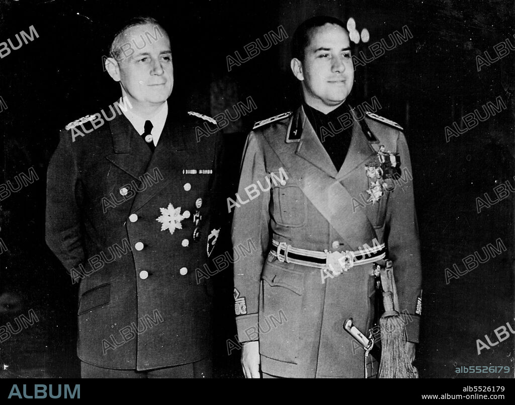 Ribbentrop's Visit to Rome:Herr Von Ribbentrop, the German Foreign minister is now visiting Rome where he is having important discussions with Signor Mussolini and Count Cianno. Regarding matters concerning the Rome- Berlin axis. Here is a new picture of Herr Von Ribbentrop and Count Cianno at the palace Chigi in Rome. Both men are heads of the Foreign ministries of their respective countries. October 30, 1938. (Photo by Keystone).