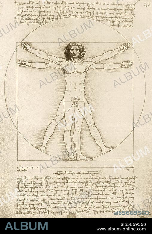 Leonardo da Vinci. 1452-1519. "Proportionsschema der menschlichen Gestalt nach Vitruv", um 1490. Feder und Tinte mit leichter Aquarellierung auf weißem Papier, 34,4 × 24,5 cm. Inv. 228. Venedig, Galleria dell'Accademia.