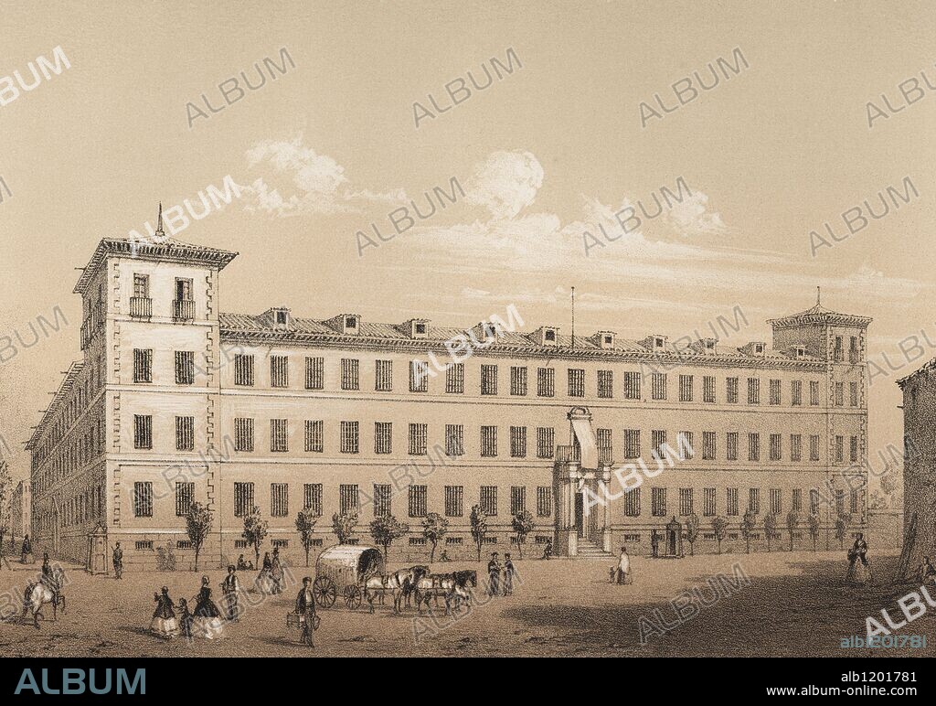 Antiguo Seminario de Nobles, posteriormente transformado en Hospital Militar. Grabado de 1870.