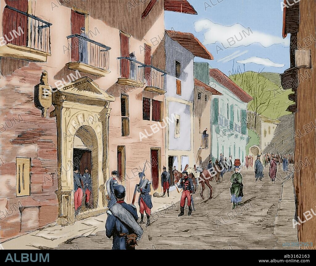 TERCERA GUERRA CARLISTA (1872-1876). "Durango. Casa en que habitaba Don Carlos, en Goyen-calle. Grabado por Marichal. La Ilustración Española y Americana, 1876. Coloreado.