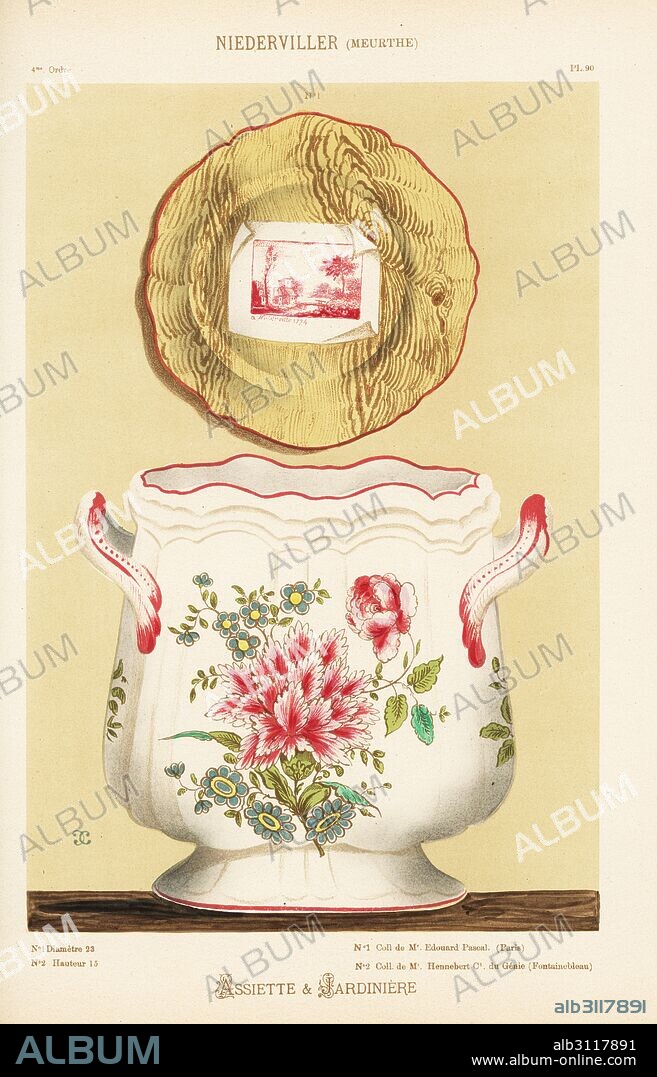 Plate with trompe l'oeil illustration of landscape pasted on wood grain, and flower pot or jardiniere with botanical decoration from Niderviller, Lorraine, France. Hand-finished chromolithograph from Ris Paquot's General History of Ancient French and Foreign Glazed Pottery, Chez l'Auteur, Paris, 1874.