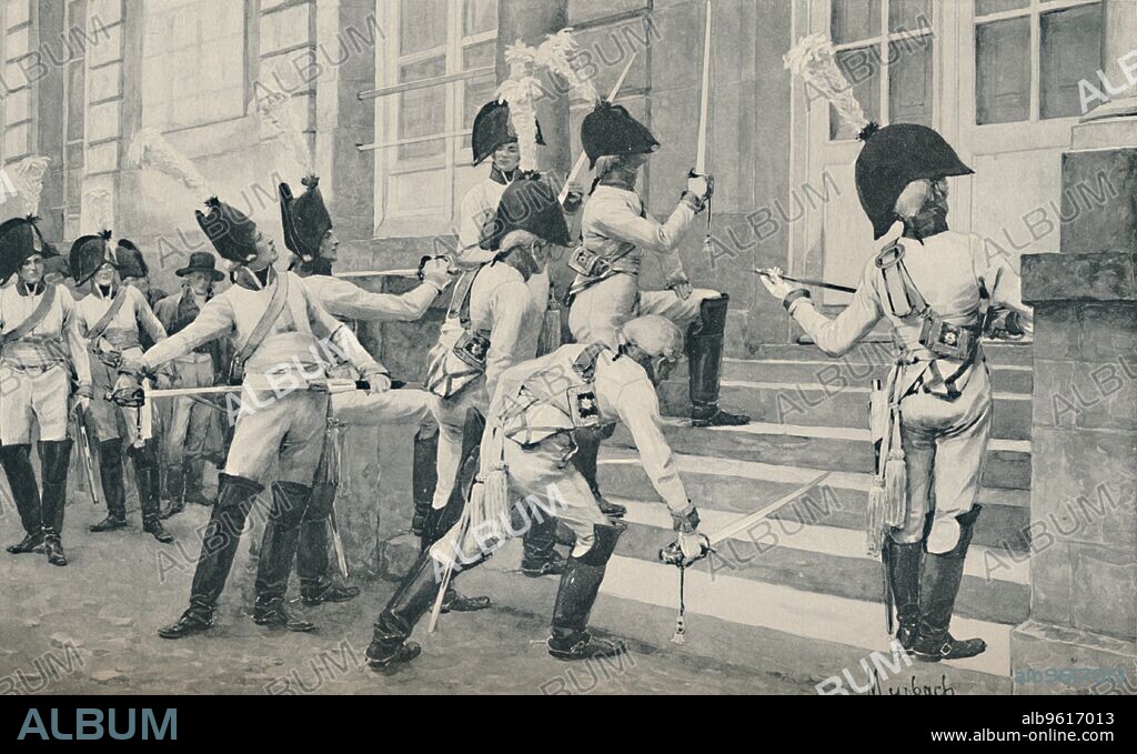 'The Prussian Noble Guard Sharpen Their Swords on the Steps of the French Embassy at Berlin', 1896. Engraving after the aquarelle by F De Myrbach. From Life of Napoleon Bonaparte, Volume II, by William Milligan Sloane. [The Century Co., Macmillan & Co., Limited, New York & London, 1896].