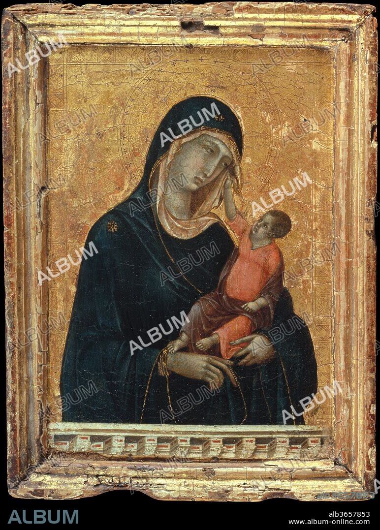 Madonna and Child. Artist: Duccio di Buoninsegna (Italian, active by 1278-died 1318 Siena). Dimensions: Overall, with engaged frame, 11 x 8 1/4 in. (27.9 x 21 cm); painted surface 9 3/8 x 6 1/2 in. (23.8 x 16.5 cm). Date: ca. 1290-1300.
This lyrical work inaugurates the grand tradition in Italian art of envisioning the sacred figures of the Madonna and Child in terms appropriated from real life. The Christ Child gently pushes away the veil of his mother, whose sorrowful expression reflects her foreknowledge of his crucifixion. The beautifully modeled drapery enhances their three-dimensional, physical presence and the parapet connects the fictive, sacred world of the painting with the temporal one of the viewer. The bottom edge of the original frame is marked by candle burns.