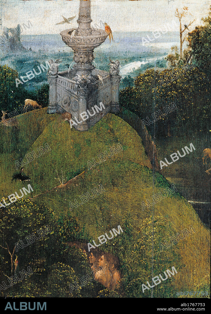 The Blessed and the Damned Souls (Visions of the Afterlife) The Terrestrial Paradise, by Joren Anthoniszoon Van Aeken known as Bosch Hieronymus, 1500-1504, 16th Century, oil on panel, cm 87 x 40each panel. Italy, Veneto, Venice, Doges Palace. Detail. Terrestrial Heaven fountain birds sea.