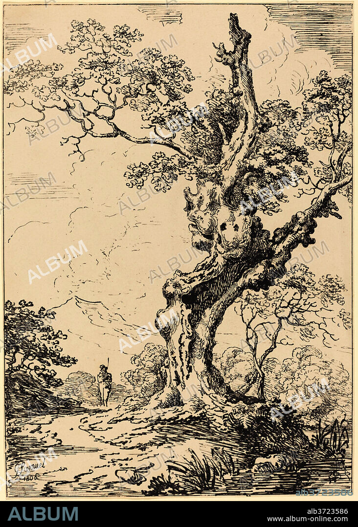 GEORGE SAMUEL. Study of an Old Oak Tree, Water on Right, a Man on Left. Dated: 1806. Medium: pen-and-tusche lithograph.