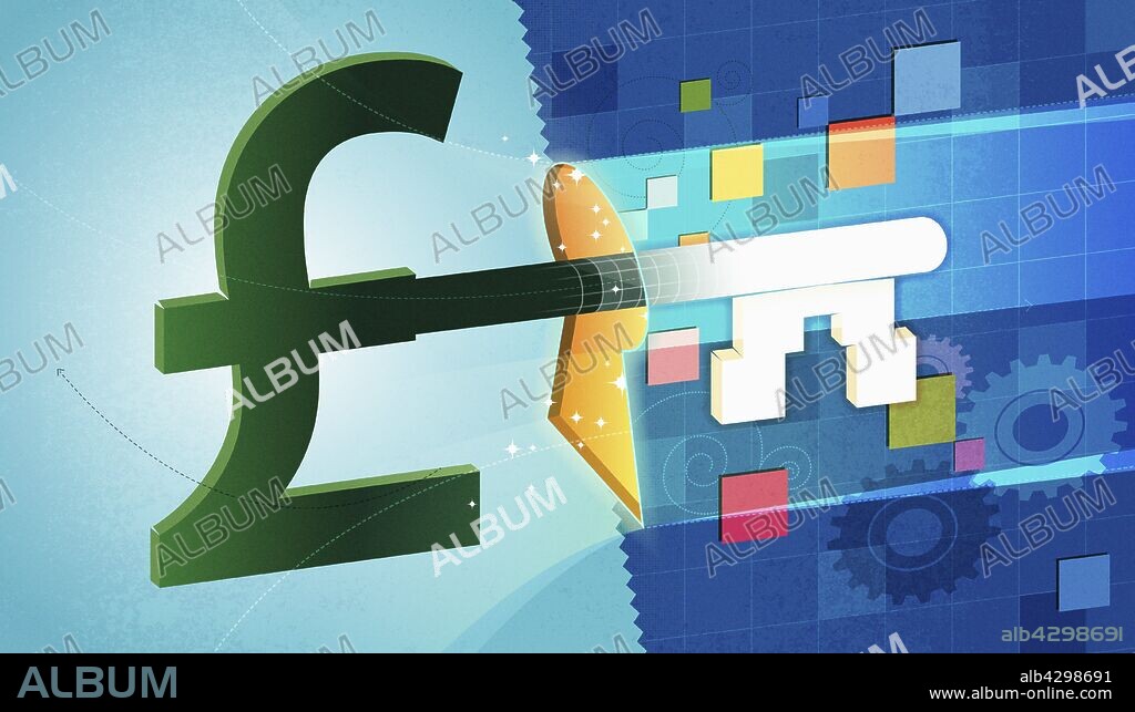 British pound sign shaped business finance key.