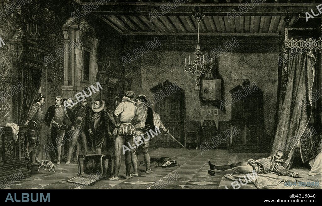 'Assassination of Henry, Duke of Guise', (December 1588), 1890. Henry I, Duke of Guise (1550-1588) founded the Catholic League and was a key figure in the French Wars of Religion, as an opponent of Catherine de' Medici, he was assassinated by the Forty-five guards (bodyguards) of her son, King Henry III at the Chateau de Blois.  From "Cassell's Illustrated Universal History, Vol. IV - Modern History", by Edmund Ollier. [Cassell and Company, Limited, London, Paris and Melbourne, 1890].