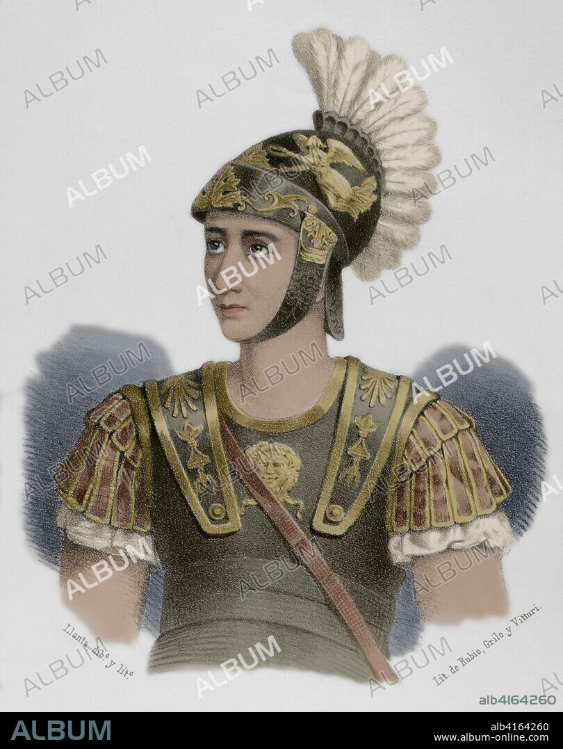 Escipión el Africano (236-183 a. C). Político de la República romana. General durante la II Guerra Púnica. Derrotó a Aníbal en la batalla de Zama. Dibujo por Llanta. Litografía. Coloreada. Crónica General de España, Historia Ilustrada y Descriptiva de sus Provincias. Cataluña, 1866.