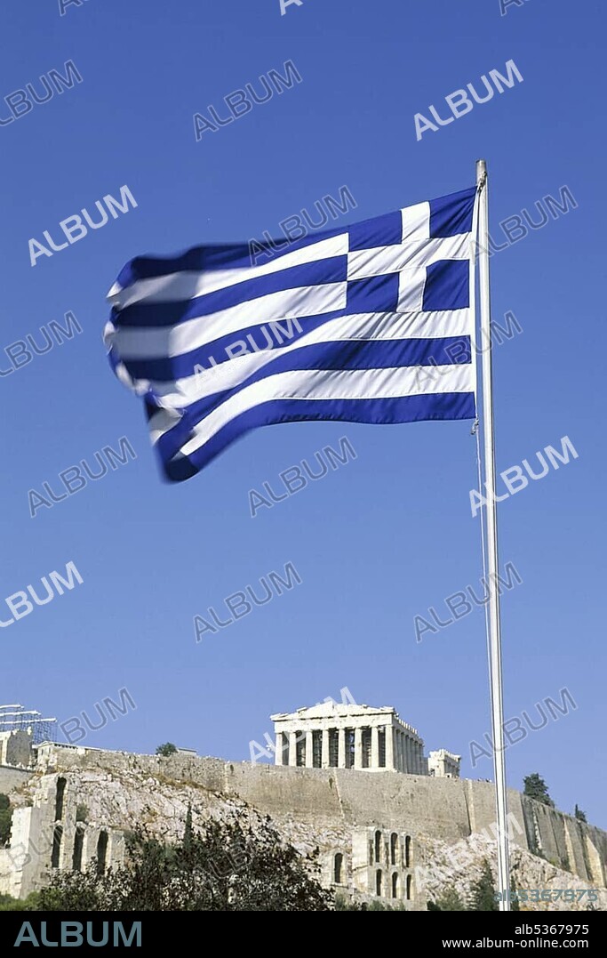 Greek flag at the Acropolis, Athens, Greece, Europe