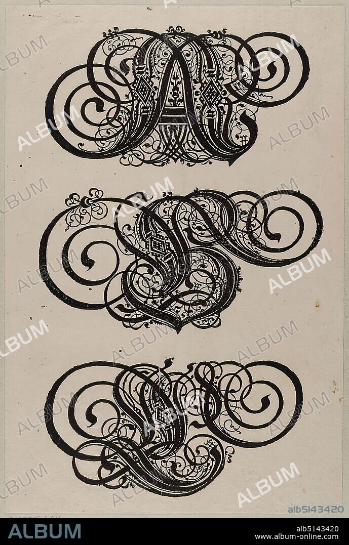 Conrad Bauer, Paulus Franck, Katharina Dietrich, Alphabet (ornamental letters A, B, C), paper, woodcut, sheet size: height: 29.70 cm; width: 19.80 cm, unmarked, prints, printed matter, letters, alphabet, writing, One of eight sheets with three ornamental letters of the alphabet from each: treasury, all kinds of capitals Latin and German all Cantzleyen from neüen in Druckh thus finished. By Paulum Francken of Gfres from the Voigtlandt Burger von Memmingen, Printed at Nürmberg, by Katharina Dieterichin, In transfer Conrad Bauern 1601.