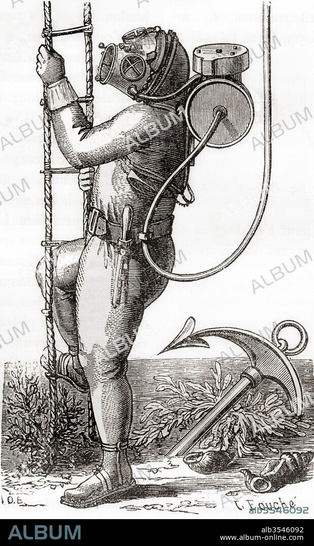 A 19th century deep sea diver wearing rubber coated diving suit with helmet and tank regulator. From Les Merveilles de la Science, published c. 1870.