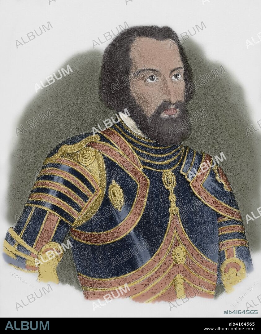 Hernan Cortes (1485-1547). Spanish conquistador of the Aztec empire. Lithography. Later colouration. Drawing by Jose Cebrian (1839-1904). Cronica General de Espa–a, Historia Ilustrada y Descriptiva de sus Provincias. Extremadura, 1870.
