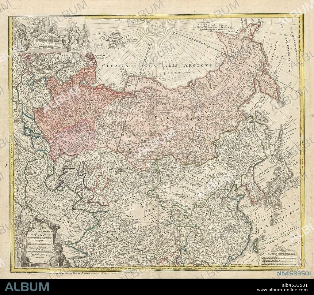 Tatariae the Russian government and the entire ..., 16. Imperium Russiae (The Russian Empire) and Portrait of Anna Ivanovna (1693-1740), signed: ... exacta opera Ioh Mathiae Hasii, Taf. 2, Hase, Johann Matthias (Kartograf), Atlas minor ex XVIII. tabulis geographicis: ad mentem Hubneri atque Schazii colorum ope rite distinctis et ad usum scholarum accommodatis compendiose compositus = Kleiner Atlas von achtzehen der nöthigsten Land-Charten: nach Anleitung der Hübnerisch-Schatzischen Methode und Ordnung also zum bequemen Schul-Gebrauch illuminirt und eingerichtet. Norimbergae: Officina Homanniana / Homannische Officin, [1730]-[1776].
