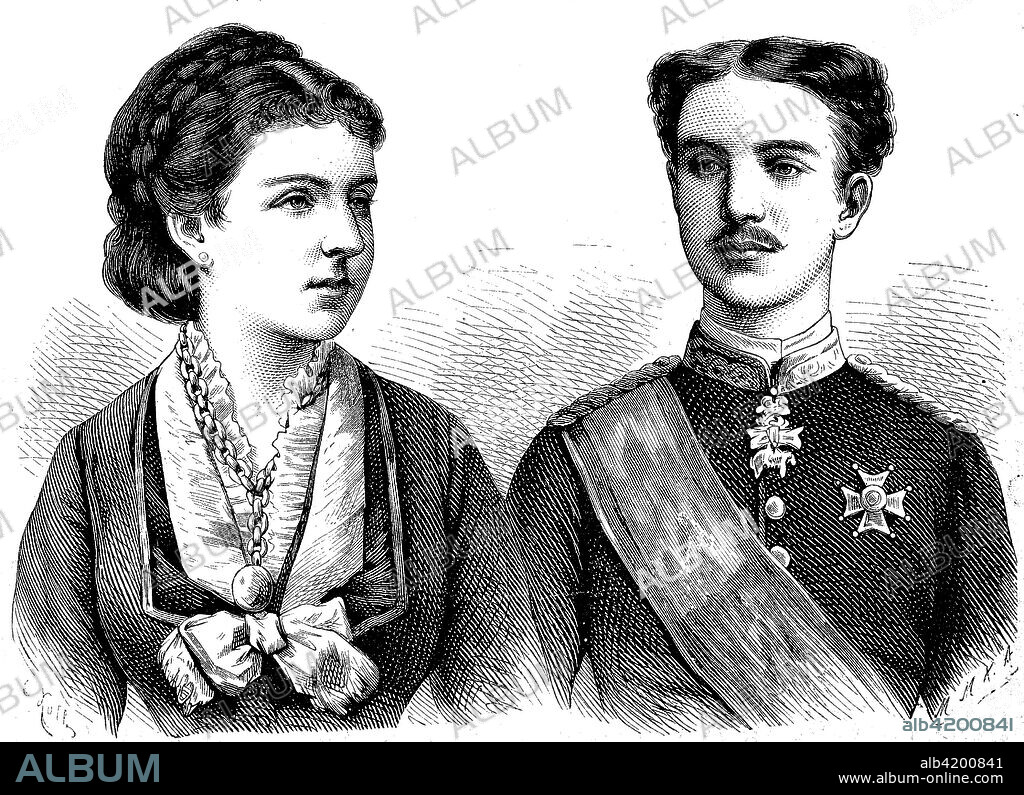 Maria de las Mercedes d’ Orleans y Borbon, 1860 - 1878 and Alfonso XII. 1857 - 1885,  Alfonso Francisco de Asís Fernando Pío Juan María de la Concepcion Gregorio Pelayo de Borbon y Borbon. Queen and king of Spain, Digital improved reproduction from an original print from 1888.